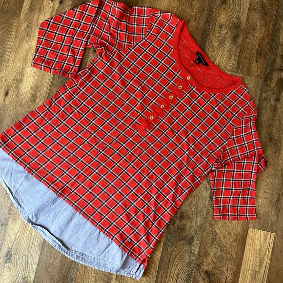 Tommy Hilfiger Women's Red Plaid 3/4 Sleeve Top L - Picture 1 of 8